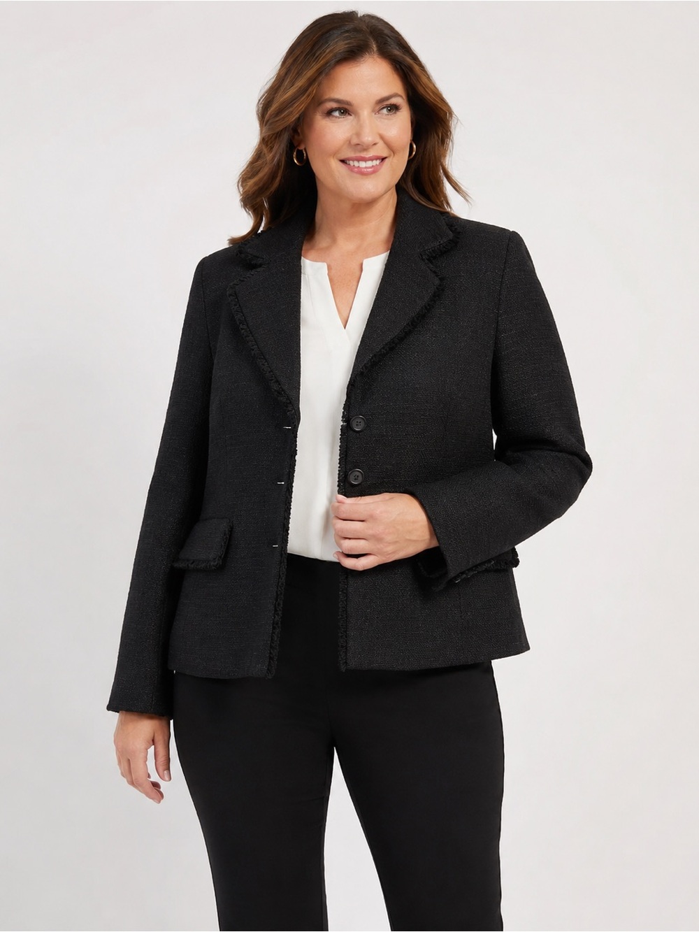 Karl Lagerfeld Black Fringe-Trim Tweed Blazer